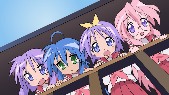 Four girls from Lucky Star looking over a railing