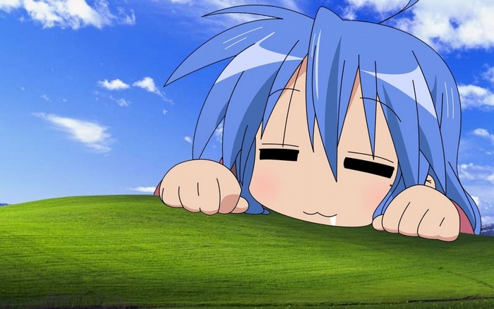 Konata Izumi from Lucky Star on a grassy hill