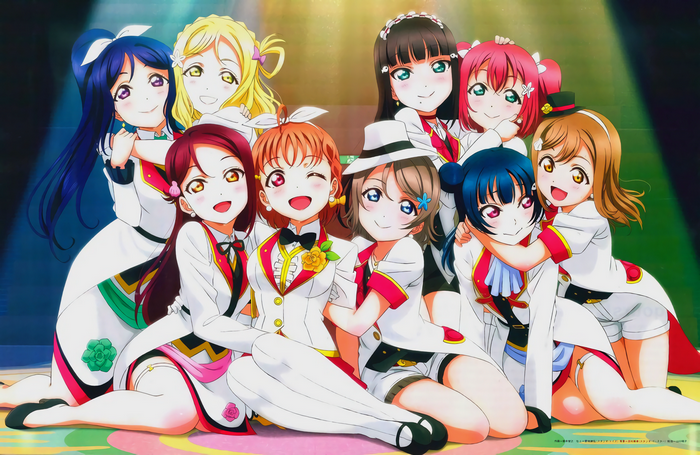 Love Live! Sunshine!! girls in white and red outfits