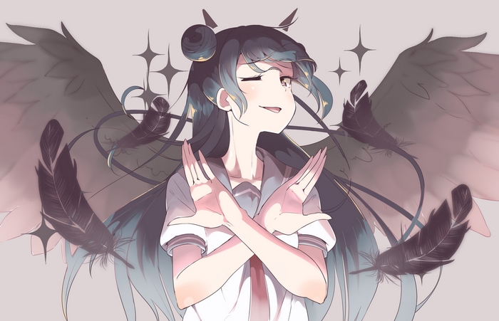 Yoshiko Tsushima with black wings and feathers