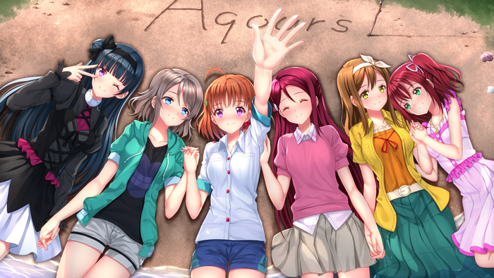Aqours from Love Live! Sunshine!! lying on sand