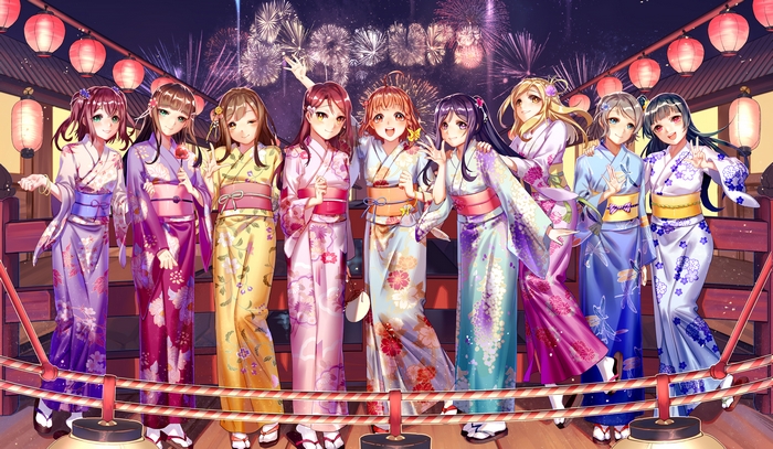 Girls in Kimonos at a Festival with Fireworks