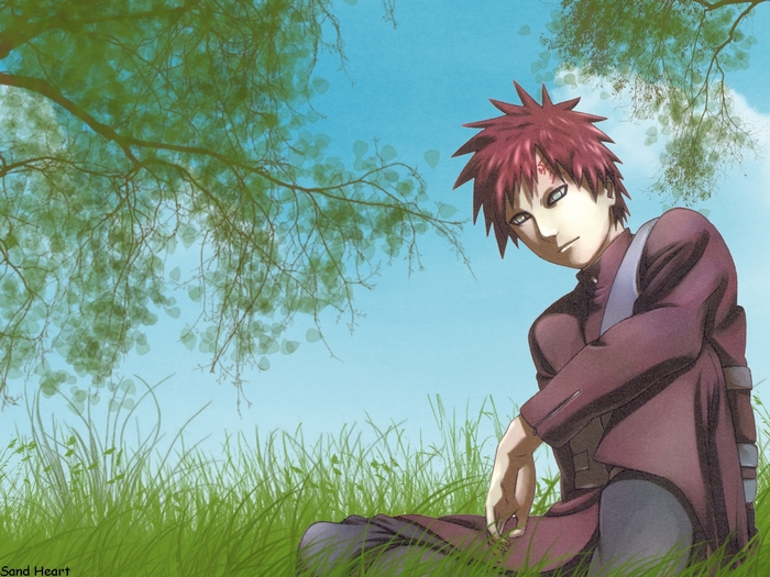 Gaara from Naruto sitting in grass under a tree
