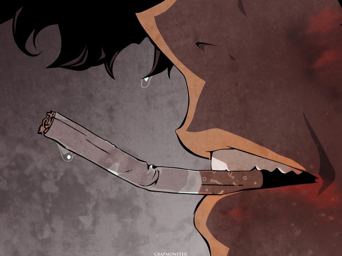 Spike Spiegel from Cowboy Bebop crying with a cigarette