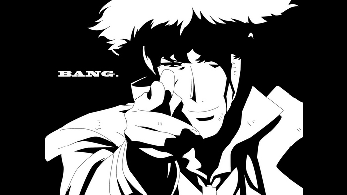 Spike Spiegel from Cowboy Bebop with text BANG.