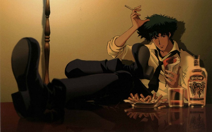 Spike Spiegel from Cowboy Bebop smoking and drinking