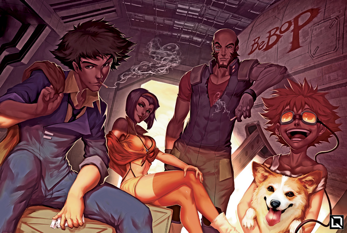Cowboy Bebop characters Spike, Faye, Jet, Ed, and Ein