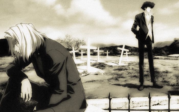 Spike Spiegel and Vicious from Cowboy Bebop in a graveyard