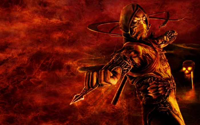 Scorpion from Mortal Kombat in a fiery environment