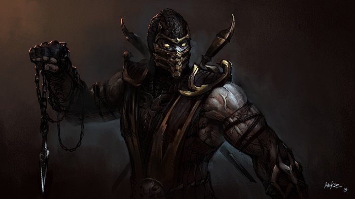 Scorpion from Mortal Kombat holding a chain weapon