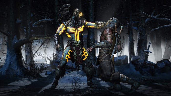Scorpion from Mortal Kombat in a dark forest