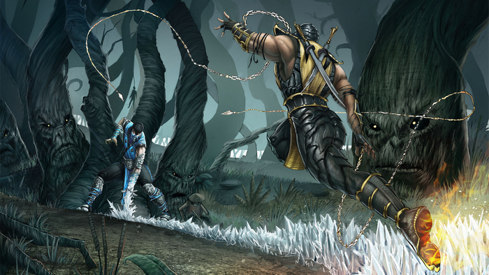 Scorpion and Sub-Zero from Mortal Kombat in a forest