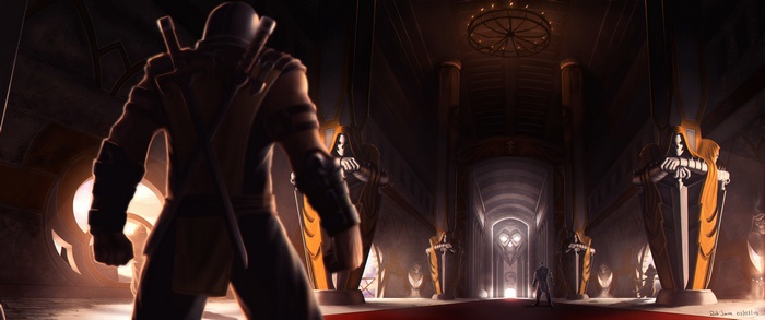 Scorpion from Mortal Kombat in a grand hall