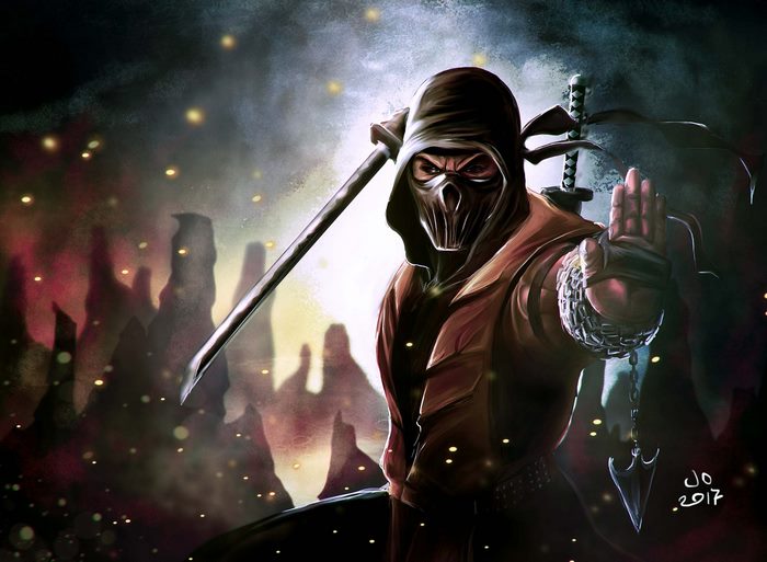 Scorpion from Mortal Kombat with sword and shuriken