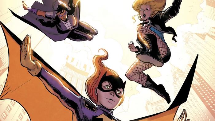 Batgirl, Black Canary, and Huntress flying over city