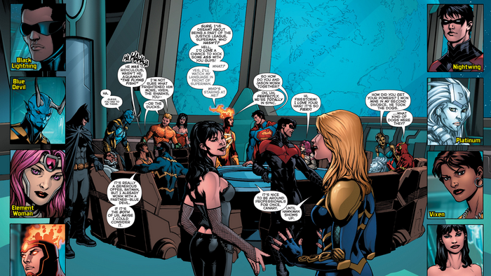 Justice League members in a meeting room