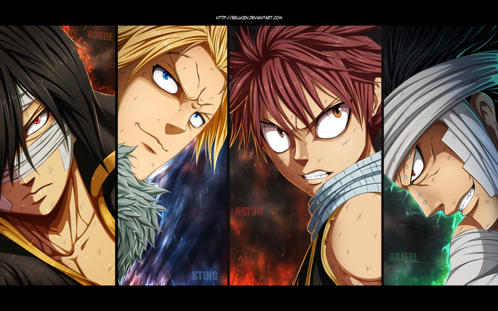 Fairy Tail characters Rogue, Sting, Natsu, and Gajeel