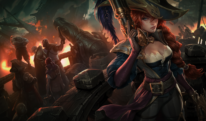 Miss Fortune from League of Legends on a burning ship