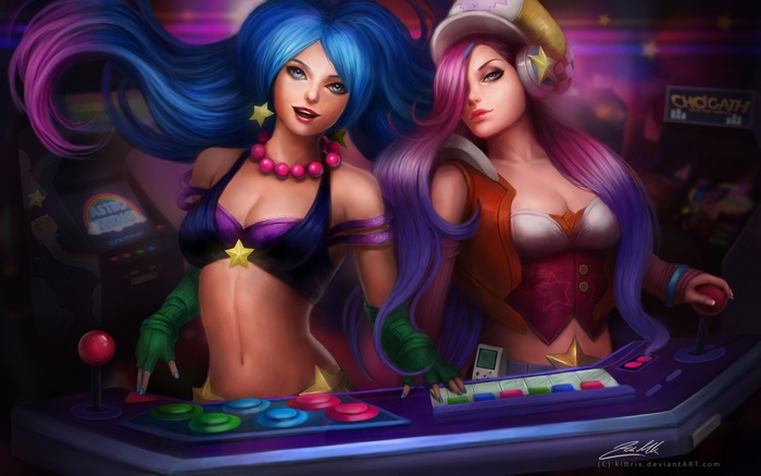 Miss Fortune and another woman playing arcade games