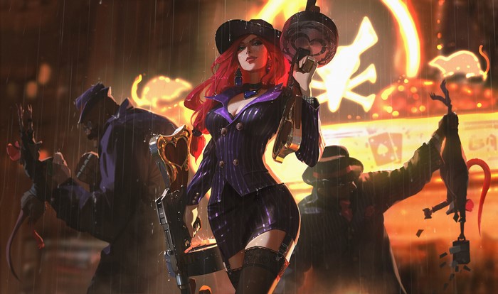 Miss Fortune from League of Legends in a pinstripe suit