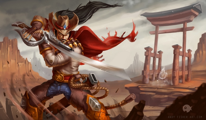 Yasuo from League of Legends in a desert landscape