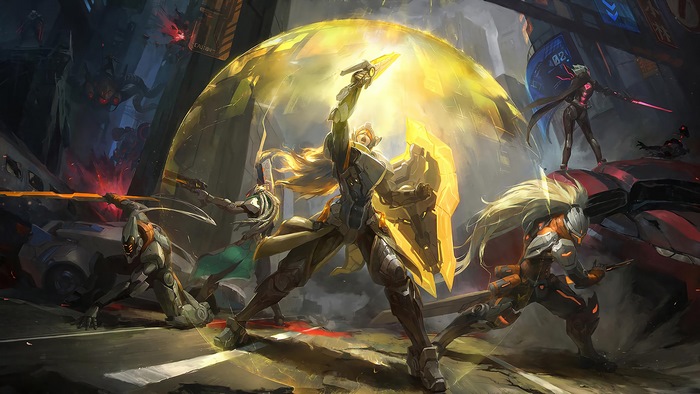 Yasuo and allies in a futuristic battle