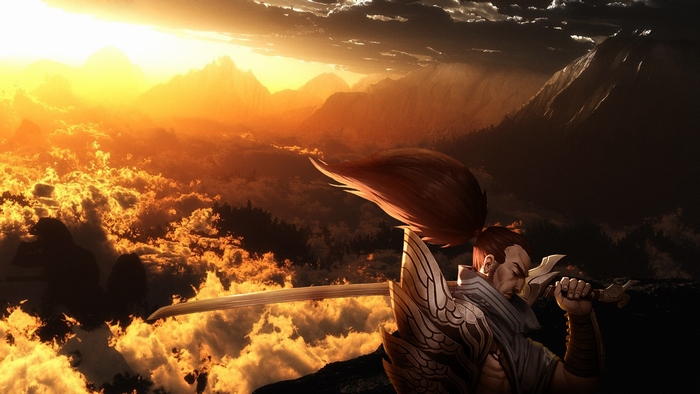 Yasuo from League of Legends in mountains