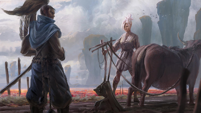 Yasuo from League of Legends with a woman and a bull