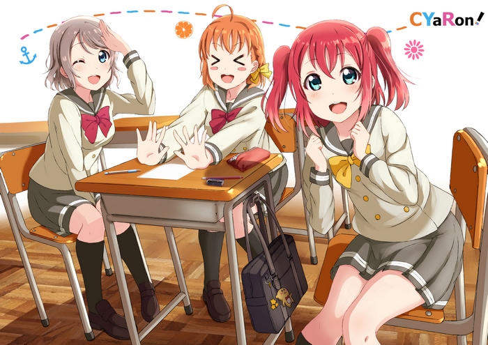 Three anime girls in school uniforms at desks