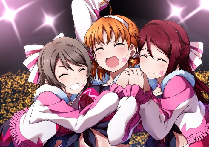 Three girls from Love Live! Sunshine!! hugging