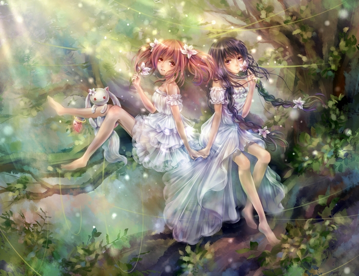 Two anime girls with Kyubey in a forest