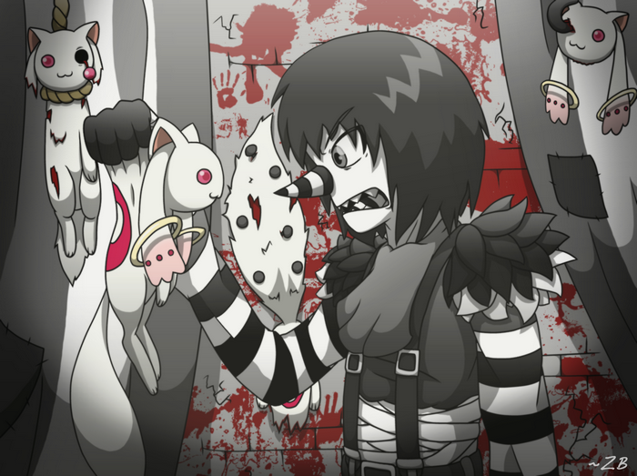 Laughing Jack holding Kyubey plush toys