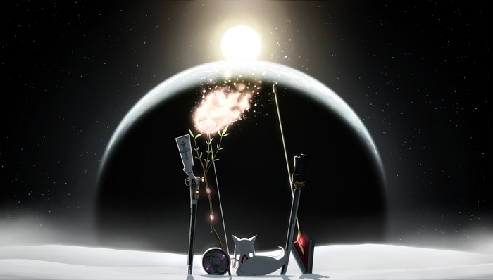 Kyubey in Space with Weapons and a Planet