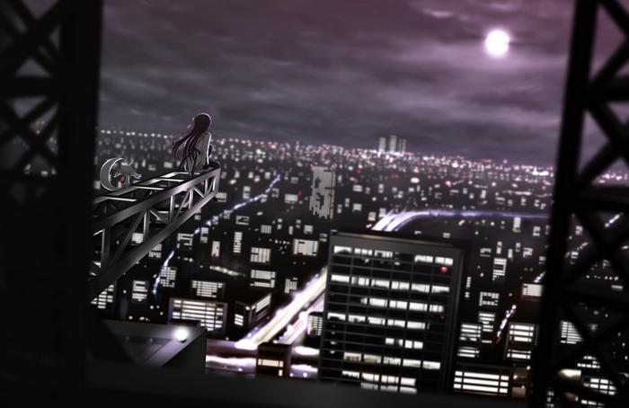 Girl and Kyubey on a rooftop overlooking a city at night