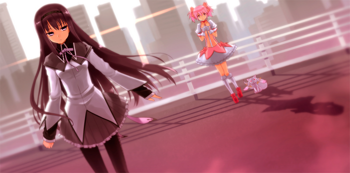 Homura Akemi and Madoka Kaname with Kyubey