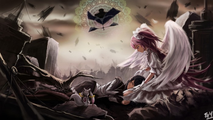 Madoka Kaname and Kyubey in a ruined city