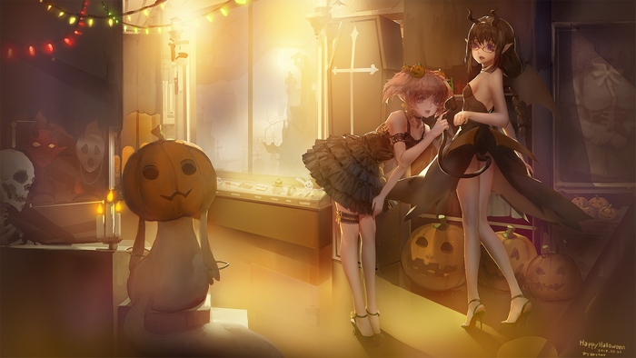 Two anime girls in Halloween costumes with pumpkins
