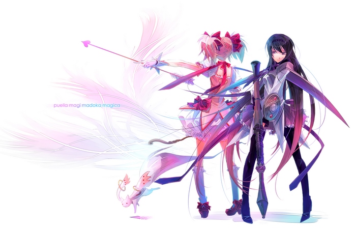 Madoka Magica characters Homura Akemi and Madoka Kaname with Kyubey