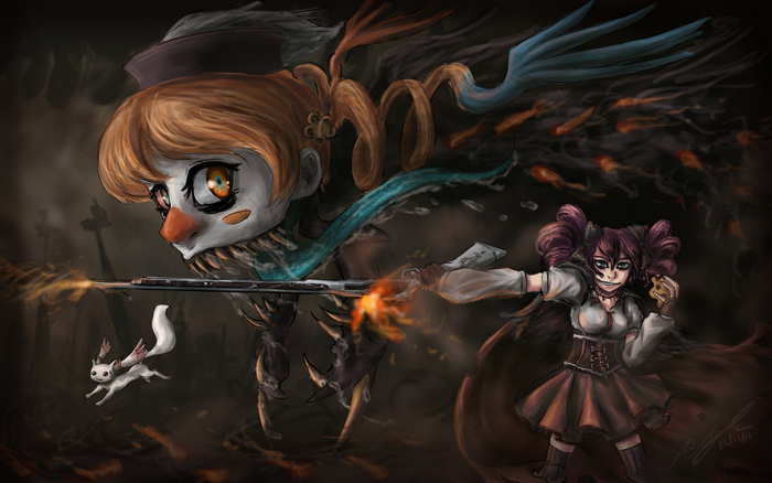 Kyubey and girl with gun in dark fantasy setting