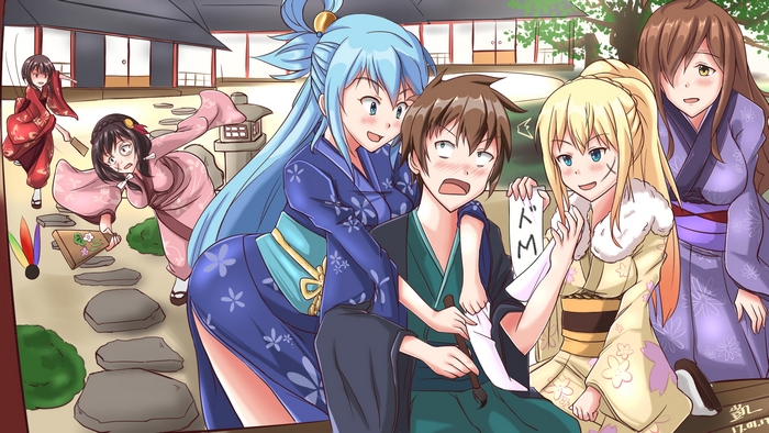 Aqua, Kazuma, Darkness, and others in yukatas