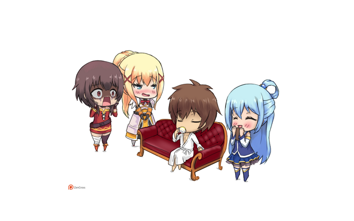 Chibi characters from KonoSuba on a couch