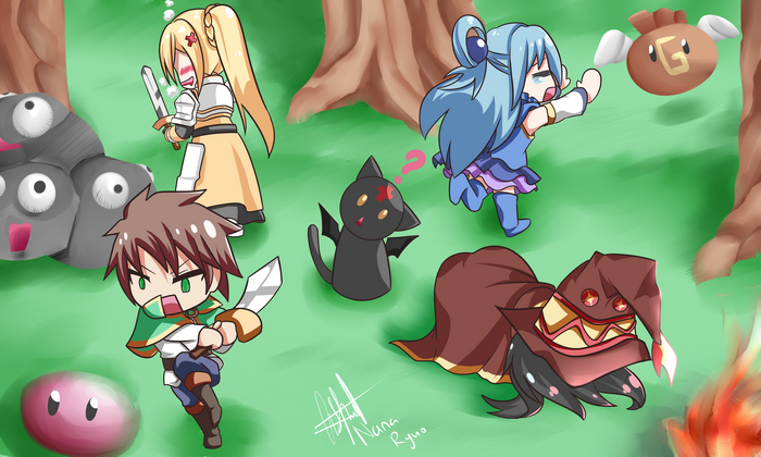 Chibi characters from KonoSuba in a forest