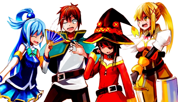 Aqua, Kazuma, Megumin, and Darkness from KonoSuba