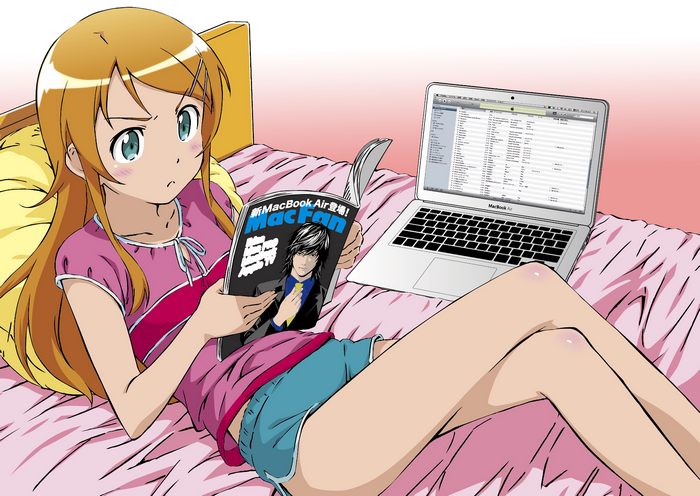 Kirino Kousaka reading MacFan magazine with MacBook Air
