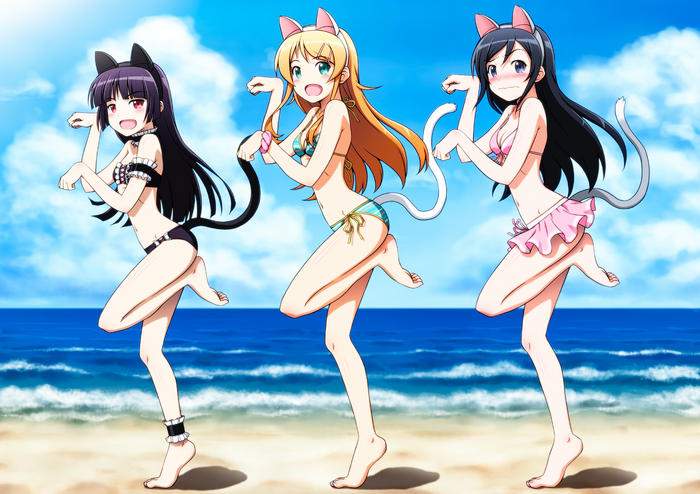 Three anime girls in cat ears and bikinis on a beach