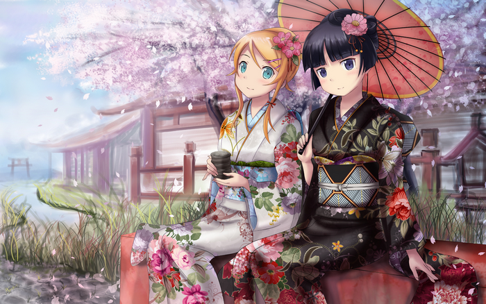 Two girls in kimonos under cherry blossoms