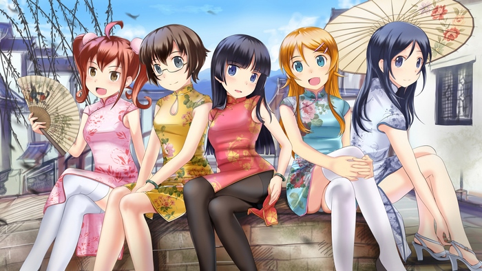 Five anime girls in traditional Chinese dresses