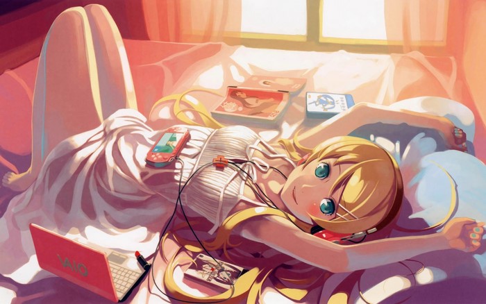 Kirino Kousaka lying on a bed with electronics