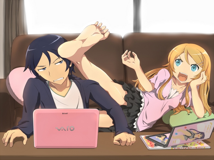 Kirino Kousaka and Kyousuke Kousaka with laptops