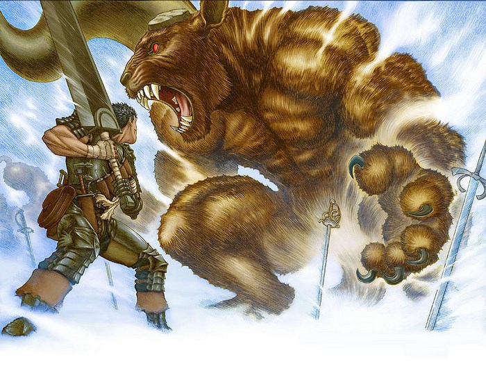 Guts from Berserk fighting a beast